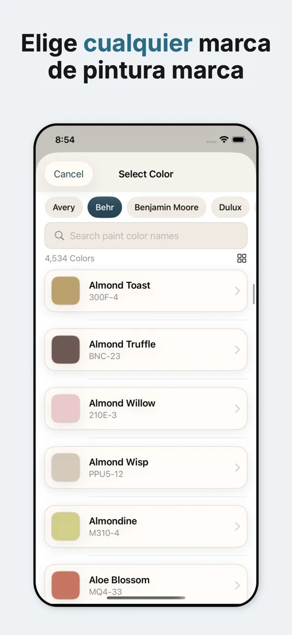 Accede a colores de pintura de Sherwin Williams, Benjamin Moore, Behr y Valspar con representación precisa.