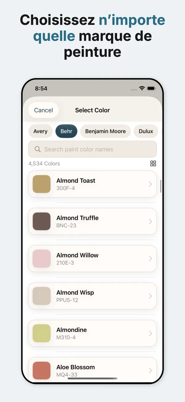 Accédez aux couleurs de peinture de Sherwin Williams, Benjamin Moore, Behr et Valspar avec une représentation fidèle.