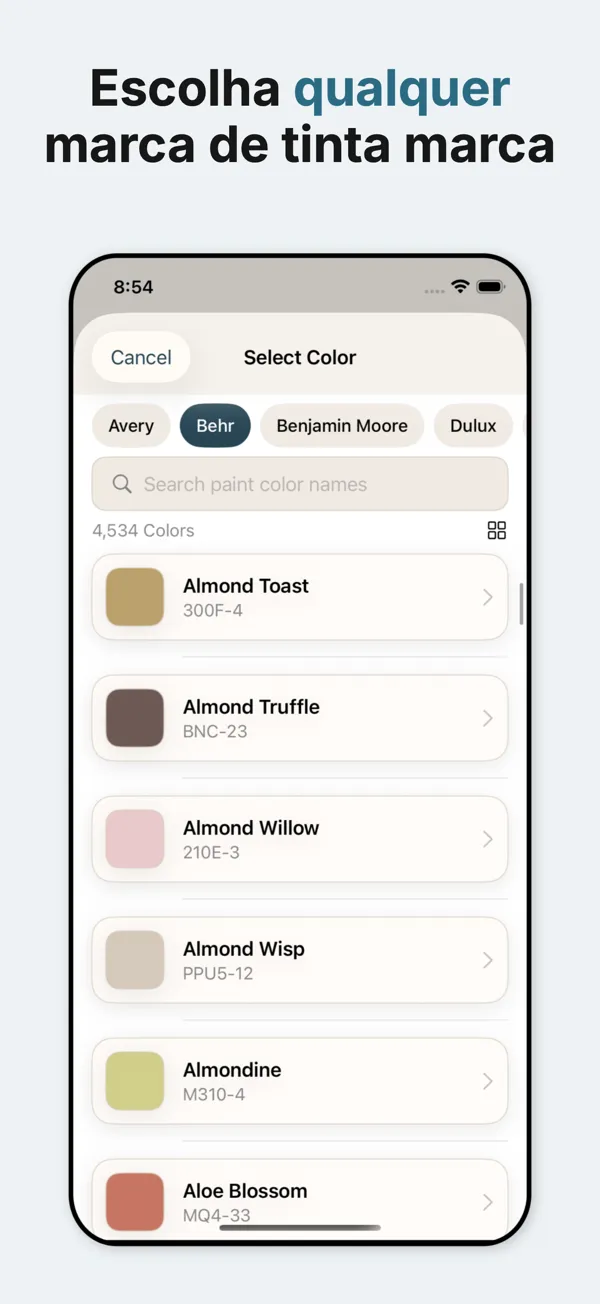 Acesse cores de tinta da Sherwin Williams, Benjamin Moore, Behr e Valspar com representação precisa de cores.